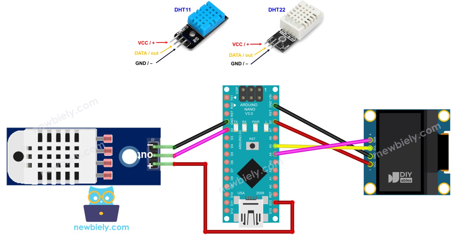Arduino Nano DHT11/DHT22 temperatuur en vochtigheid sensor OLED display