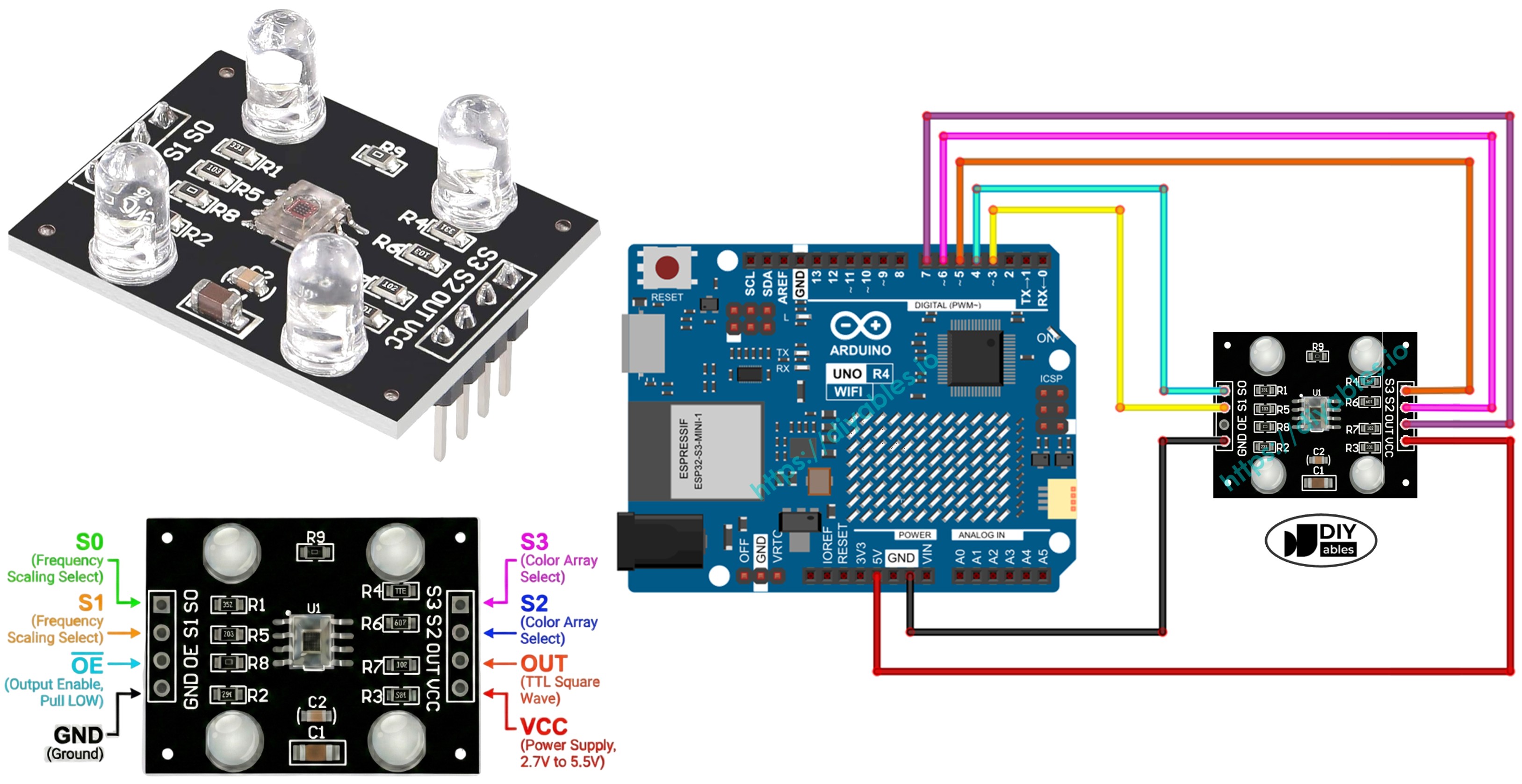 Arduino UNO R4 with TCS3200D TCS230 color recognition sensor module tutorial