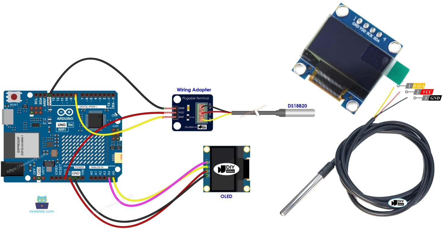 Arduino UNO R4 DS18B20 Temperatuursensor OLED