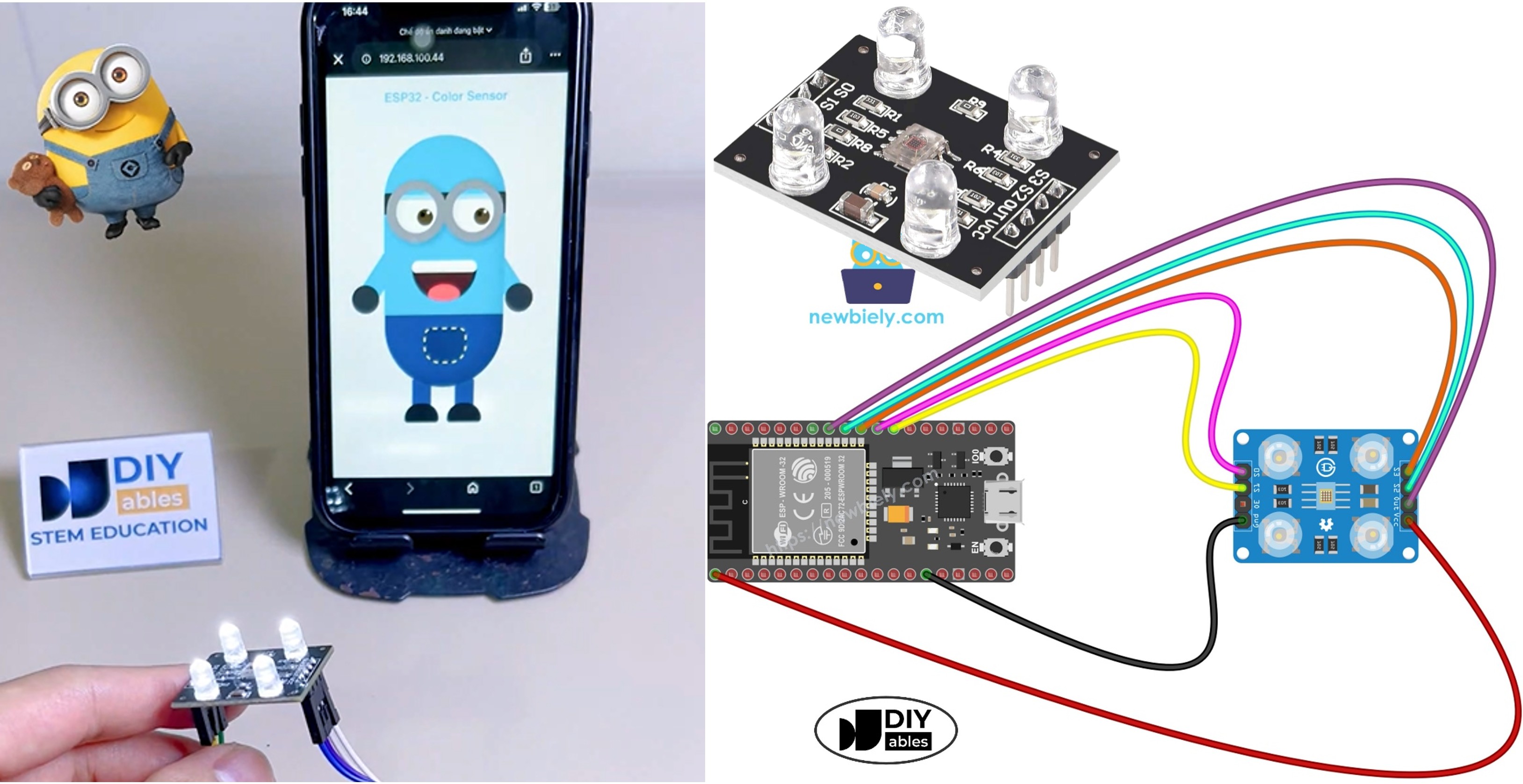 ESP32 TCS3200 TCS230 kleursensor web Minion