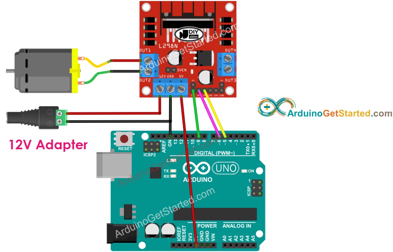 Arduino DC Motor L298N Driver bedradingsschema