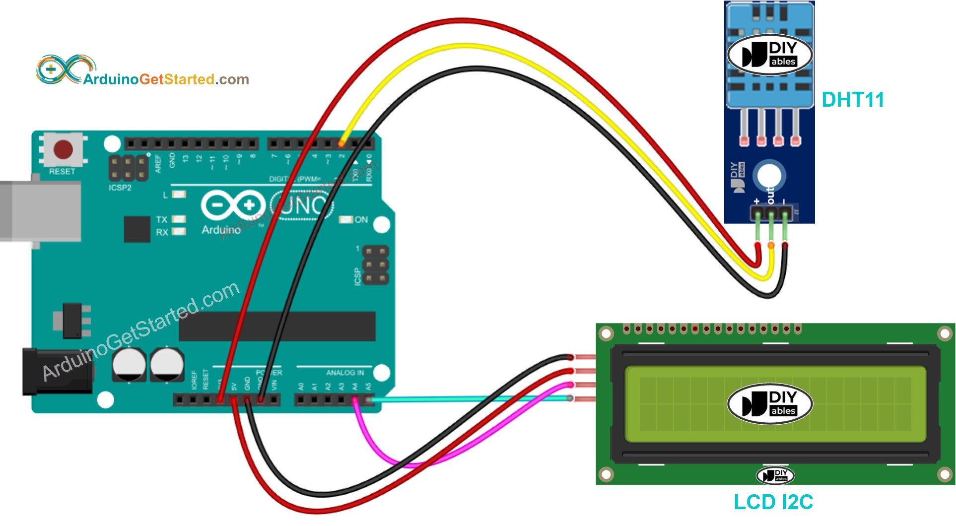 Arduino DHT11 LCD Bedradingsschema