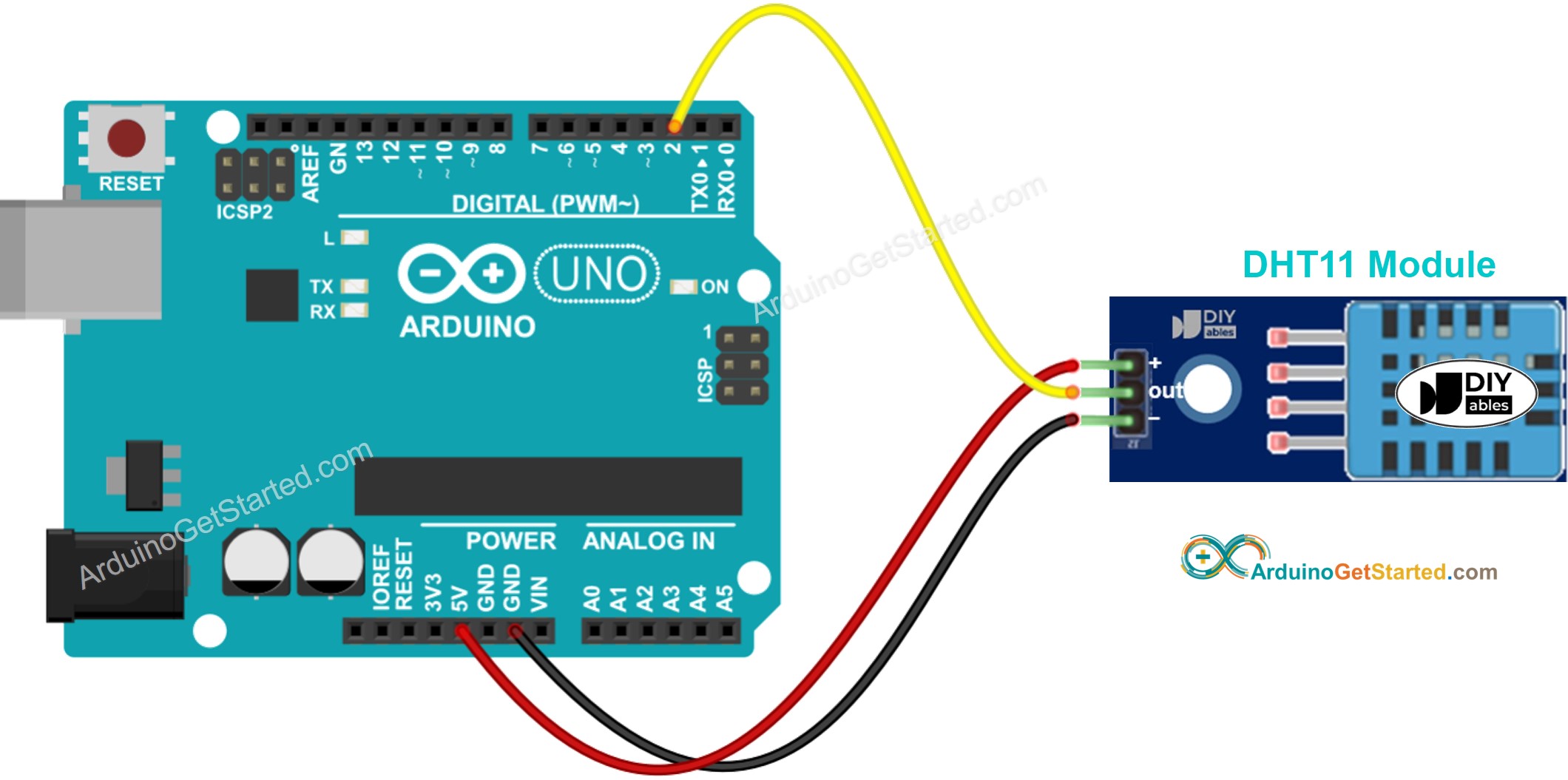 Arduino DHT11 Temperatuur- en vochtigheidsmodule bedrading schema