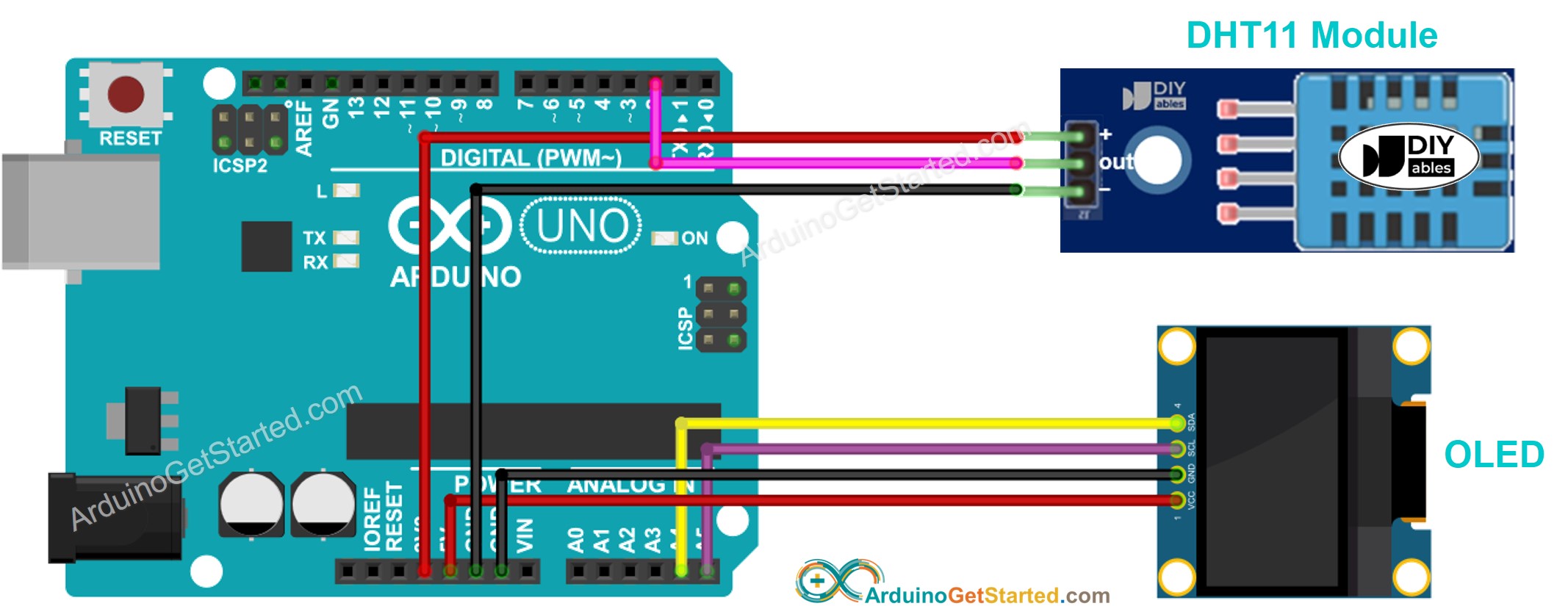 Arduino DHT11 module OLED Bedradingsschema