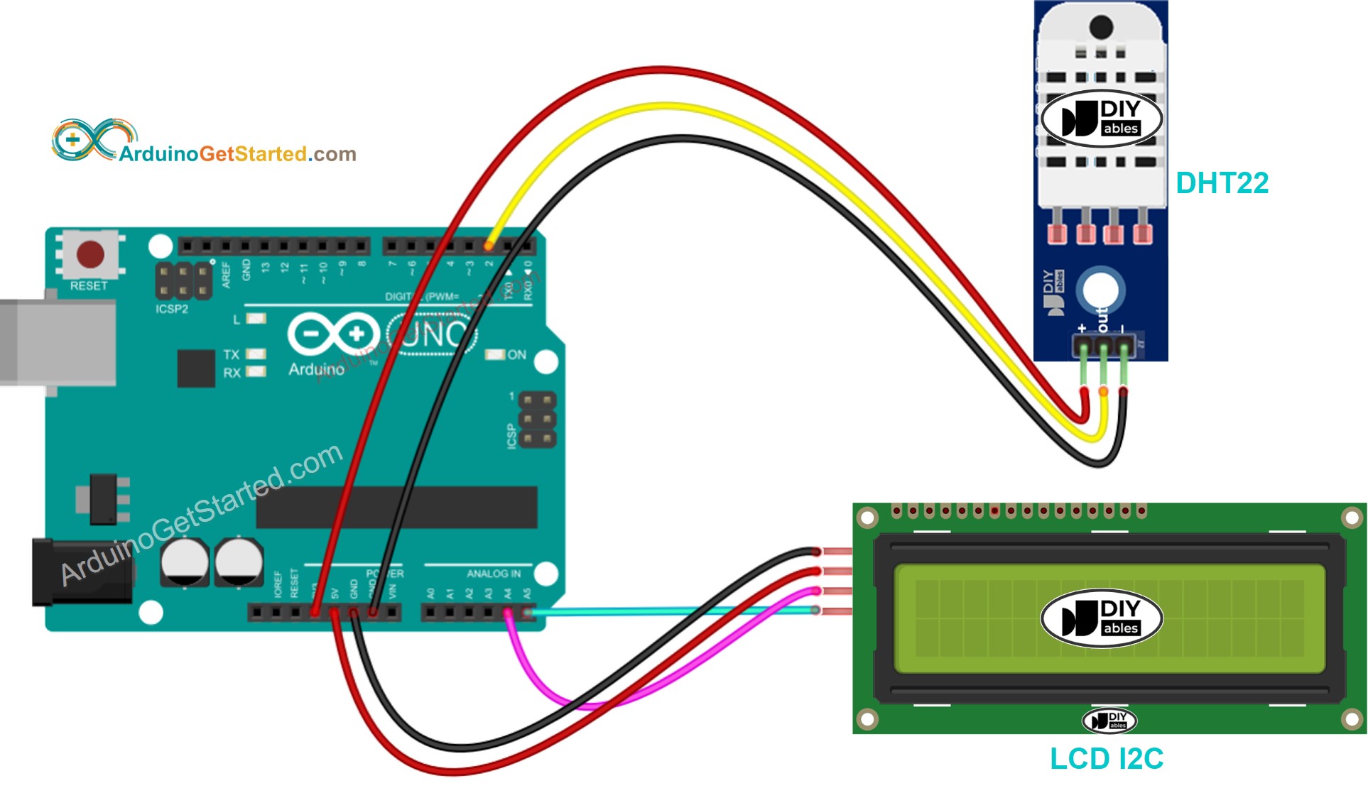 Arduino DHT22 LCD Bedradingsschema