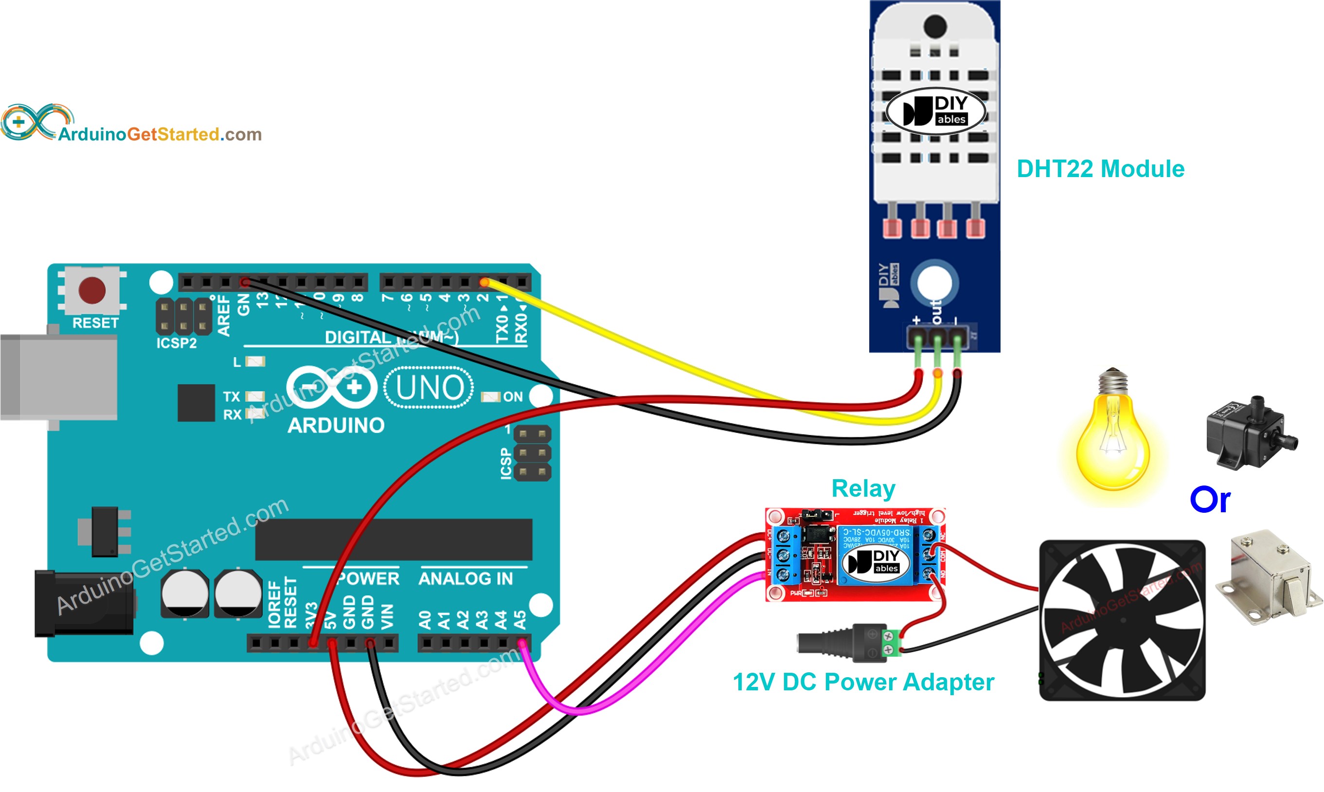 Arduino dht22 sensor relay bedrading schema