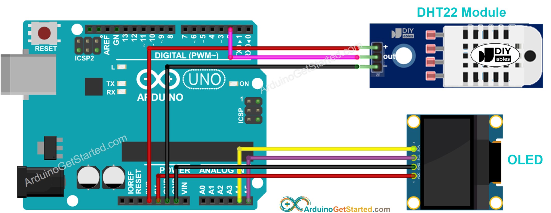Arduino DHT22 Sensor OLED Bedradingsschema
