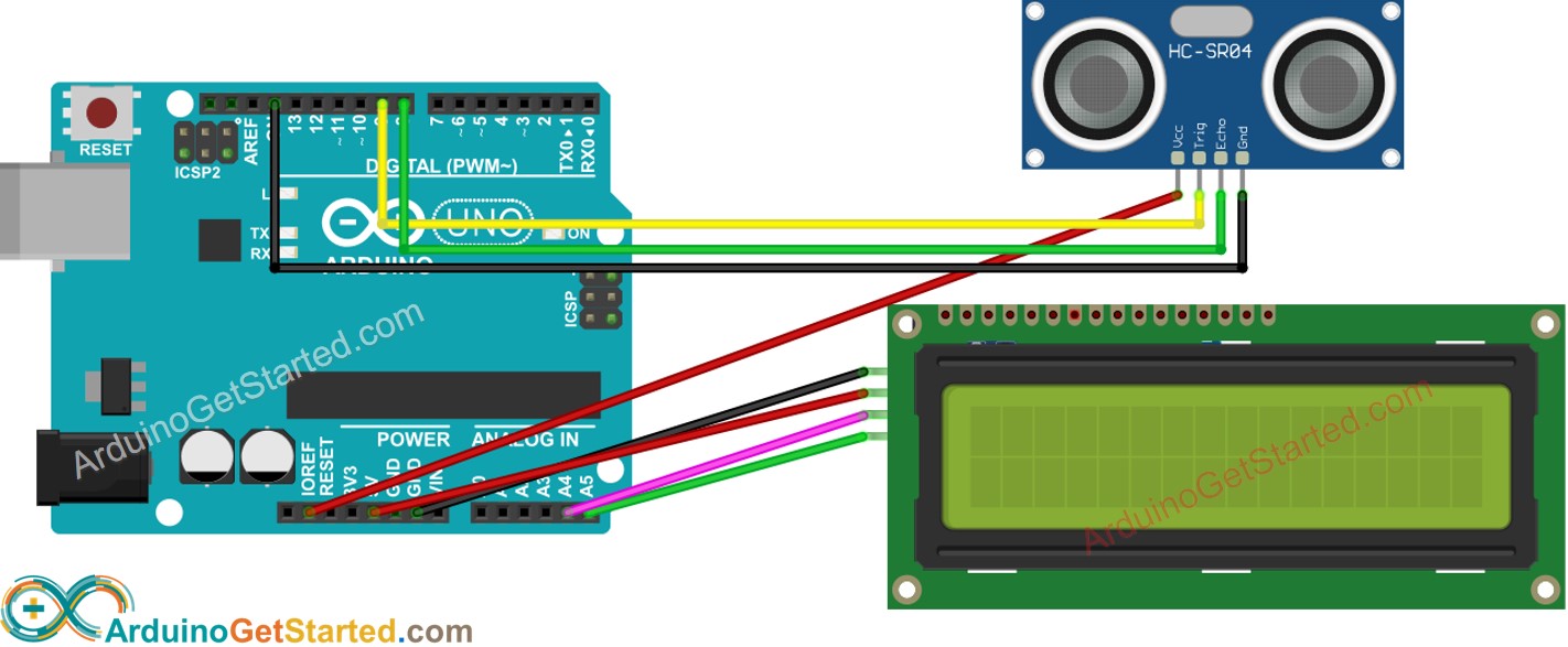 Arduino Ultrasone Sensor LCD Bedradingsschema