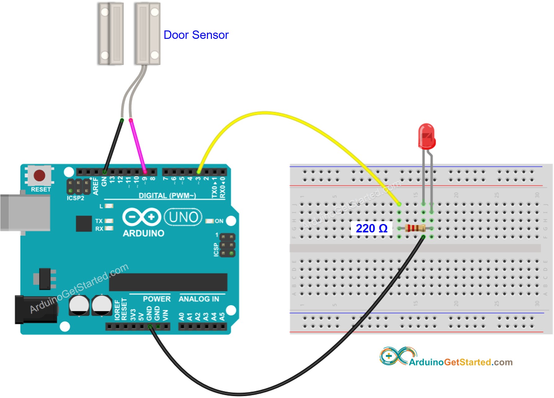 Arduino Deursensor LED bedrading