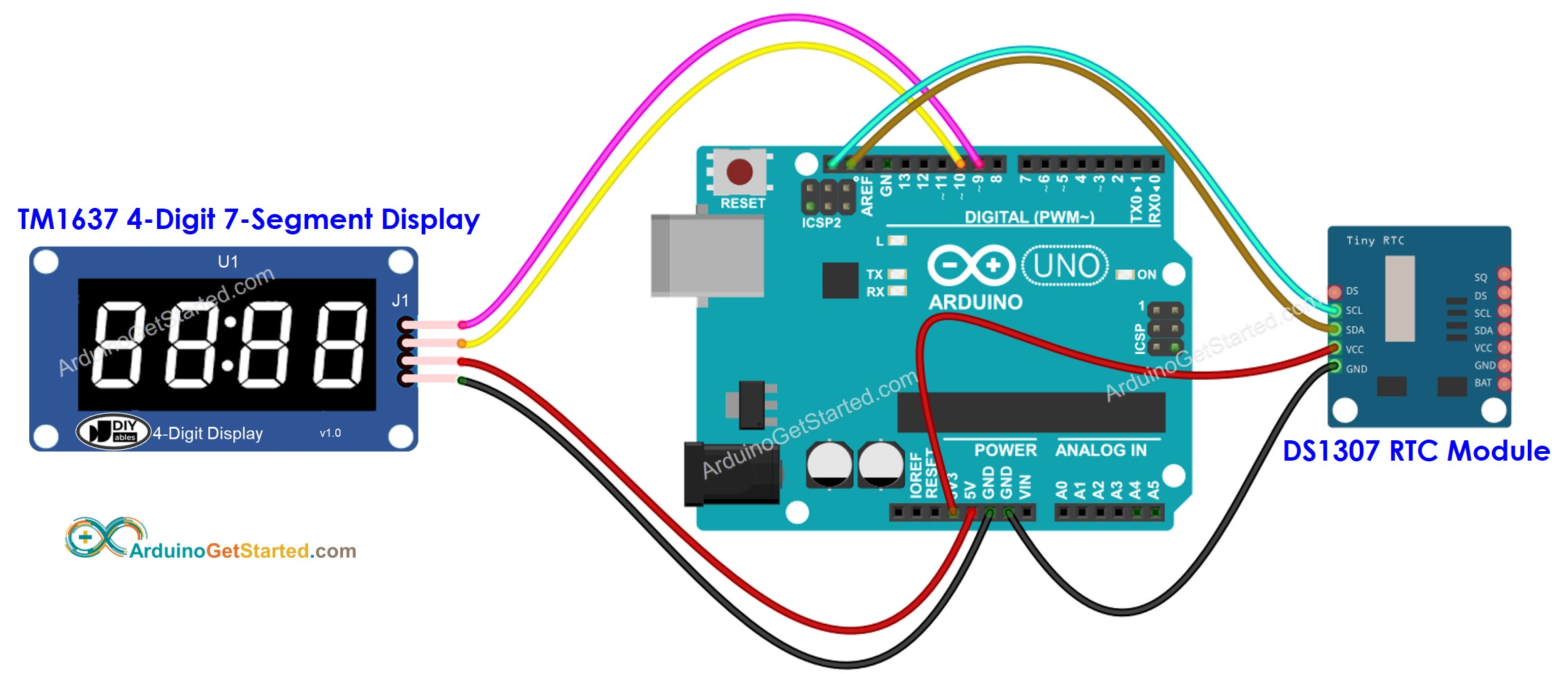 Arduino DS1307 7-segment display bekabelingsschema
