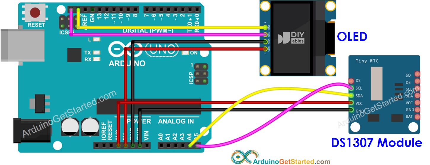 Arduino DS1307 OLED Aansluitschema