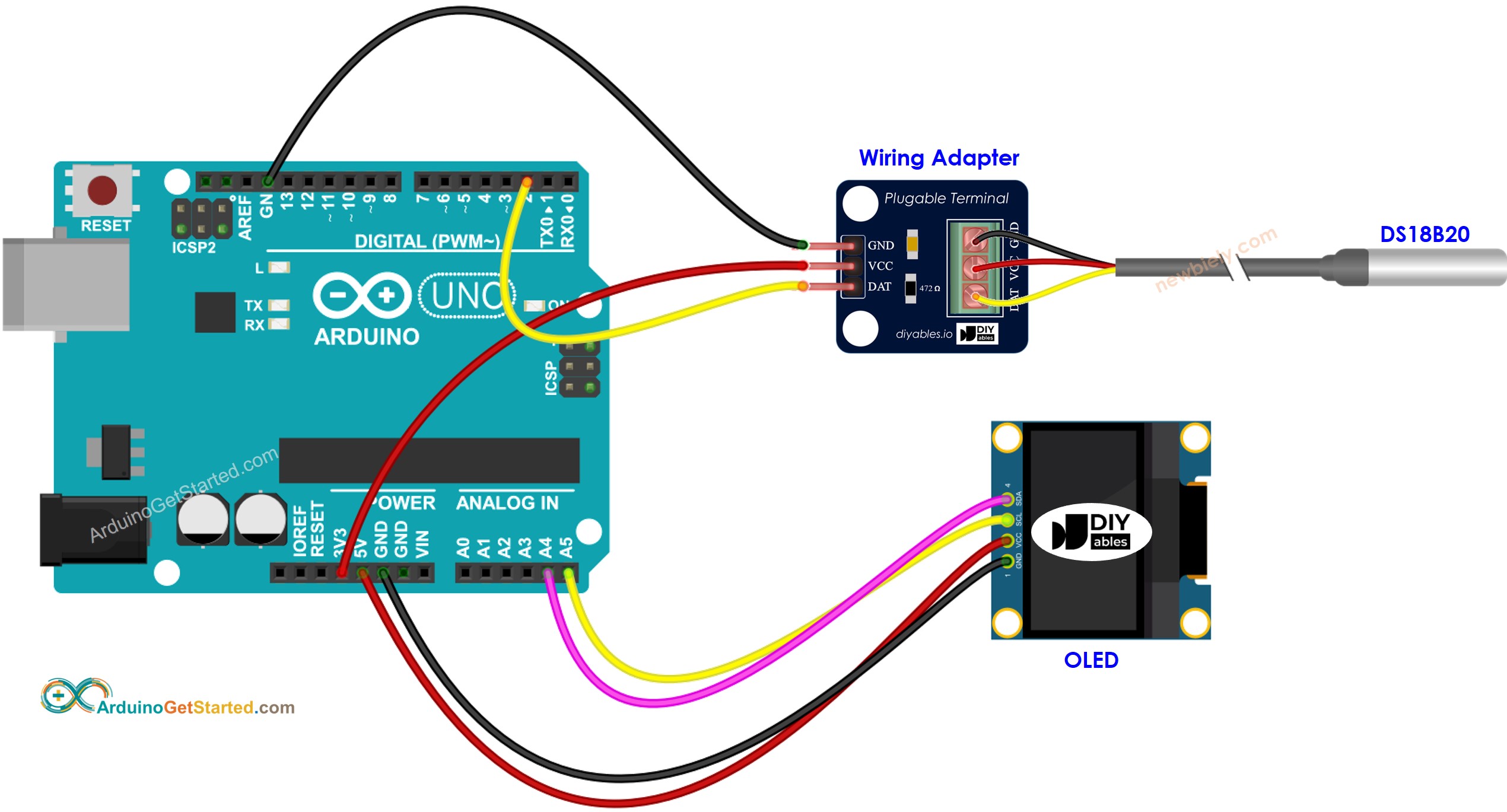 Arduino DS18B20 Temperatuursensor OLED Bedradingsschema