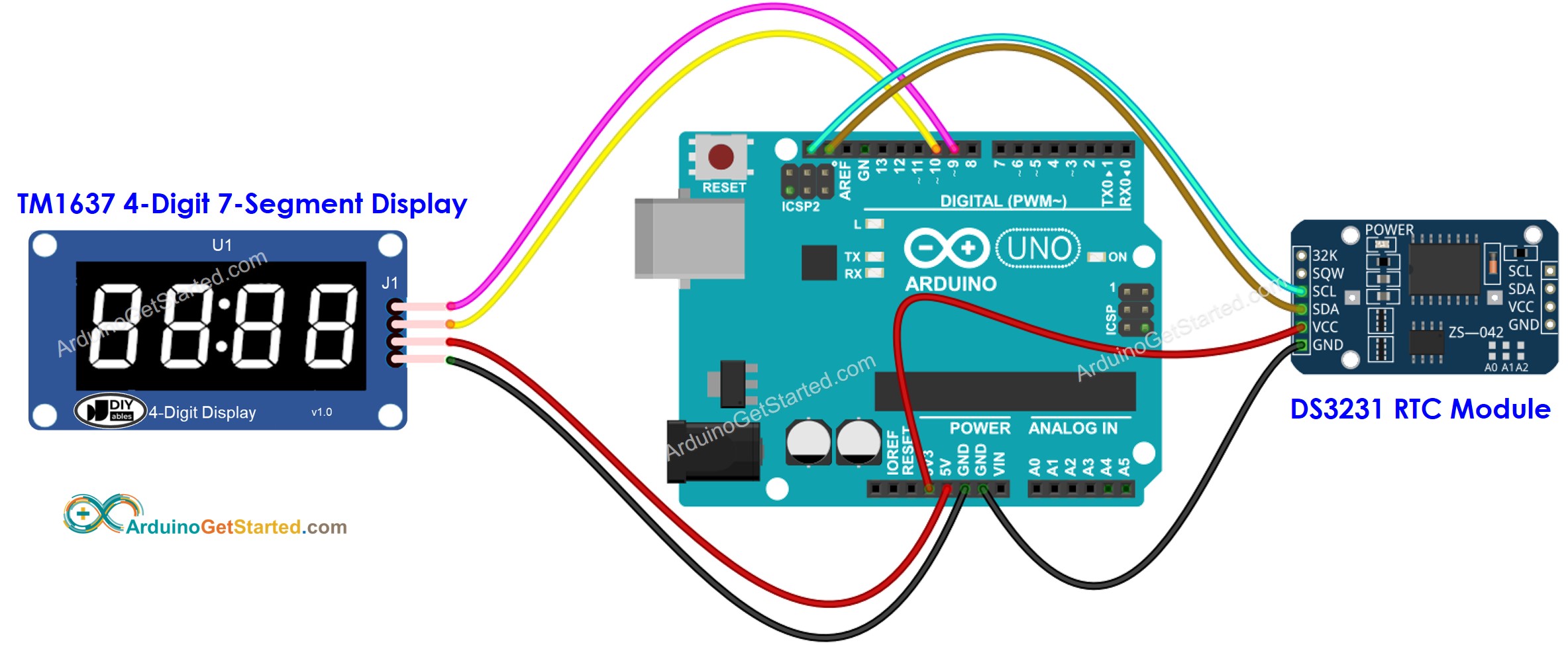 Arduino DS3231 7-segment display bekabelingsschema