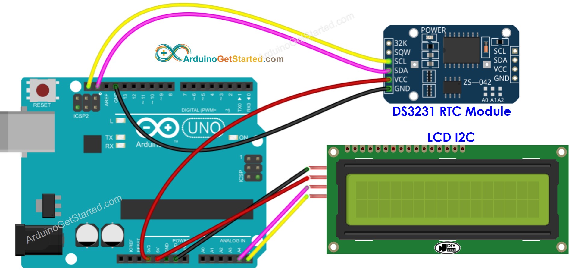 Arduino DS3231 LCD Bedradingsschema