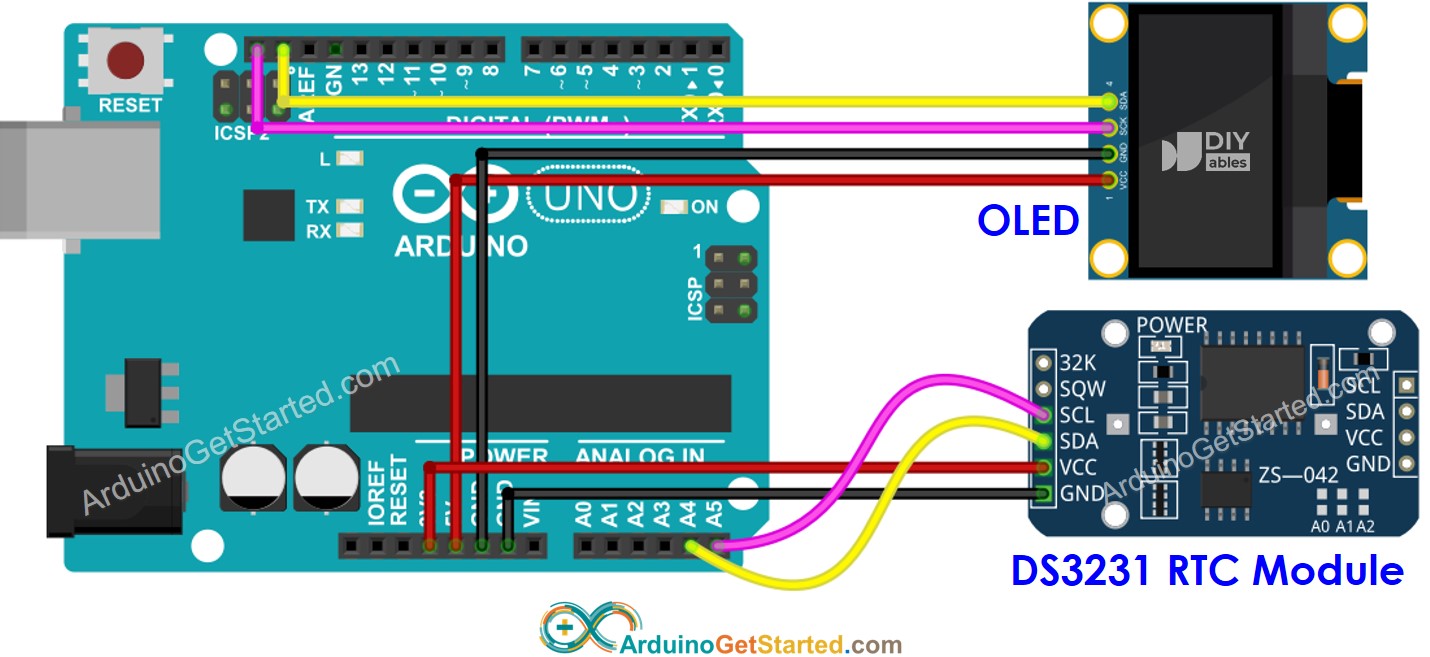 Arduino DS3231 OLED Aansluitschema