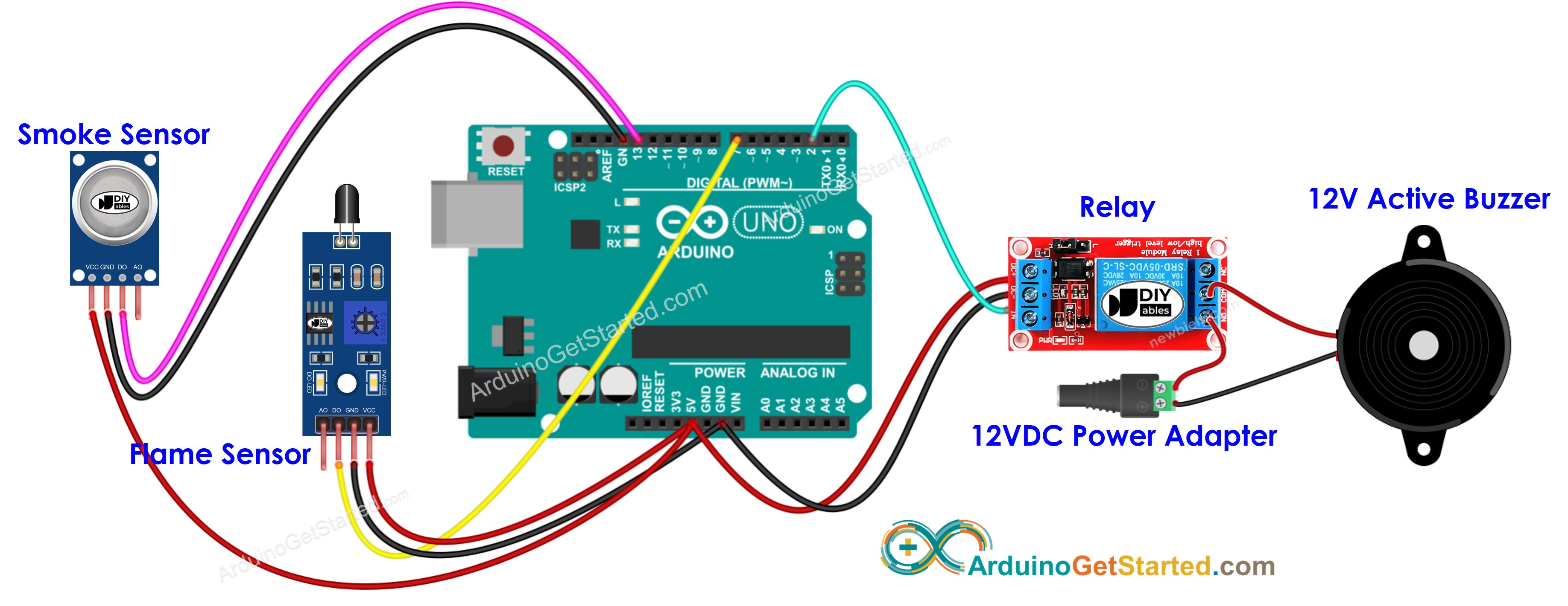 Arduino brandalarmesirene systeem Bedradingsschema