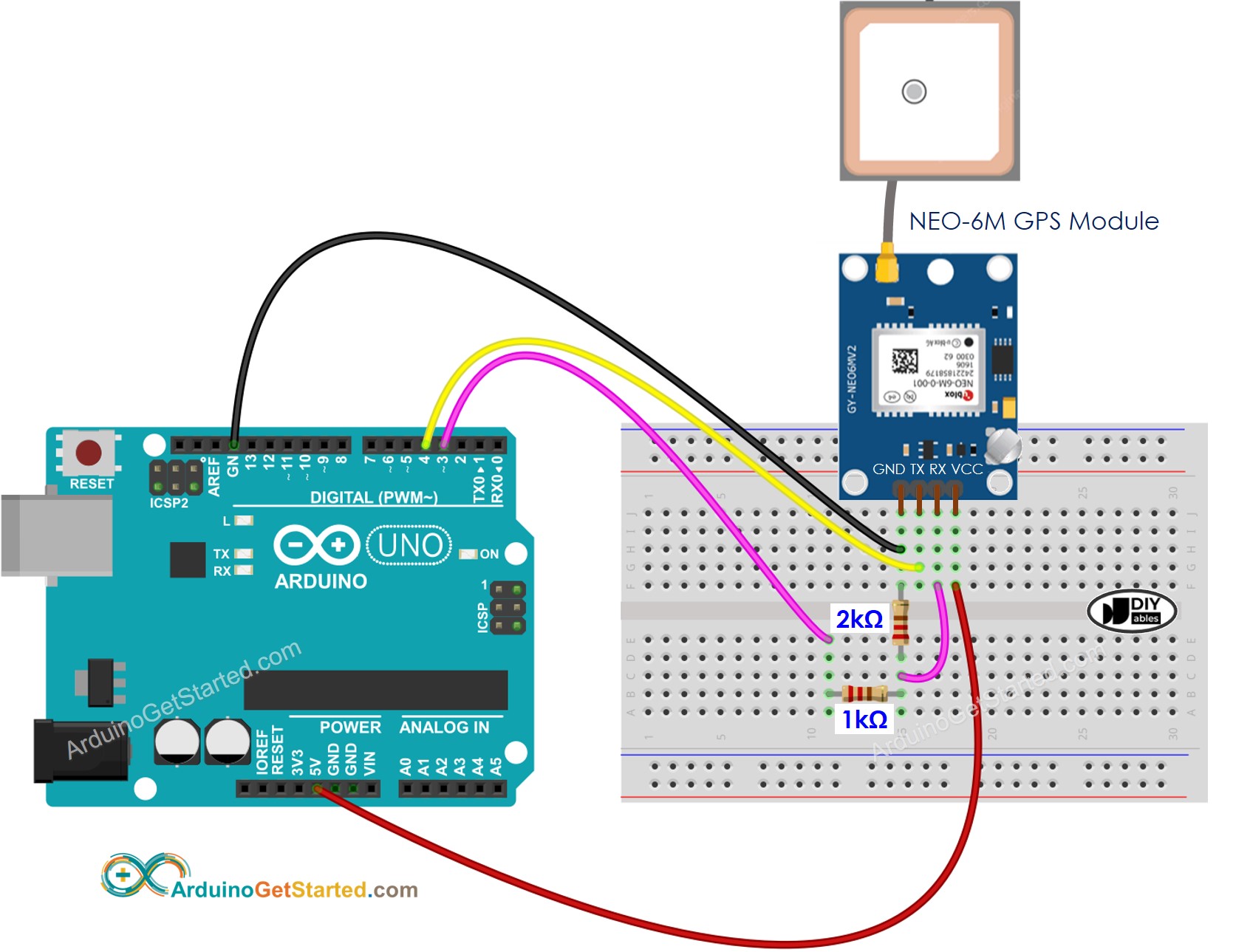 Arduino GPS module spanningsdeler Bedradingsschema