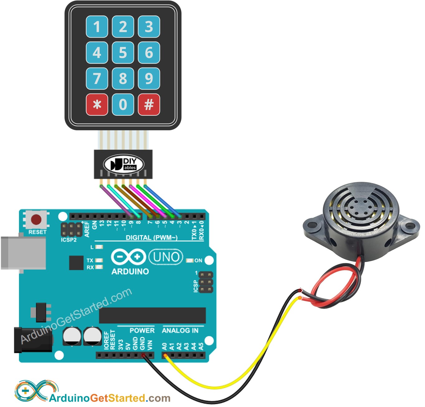 Arduino keypad buzzer bedrading schema