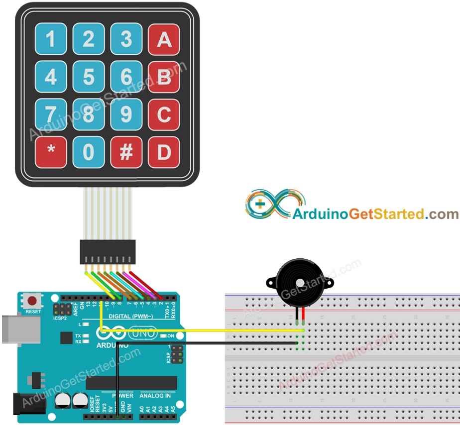 Arduino keypad piezo buzzer bedradingsschema