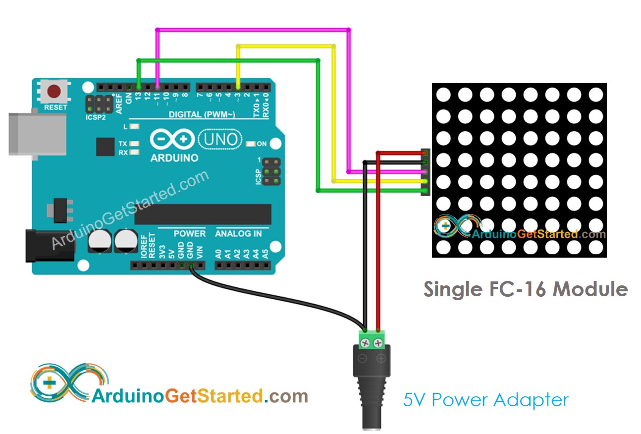 Arduino 8x8 LED matrix FC-16 bedradingsschema