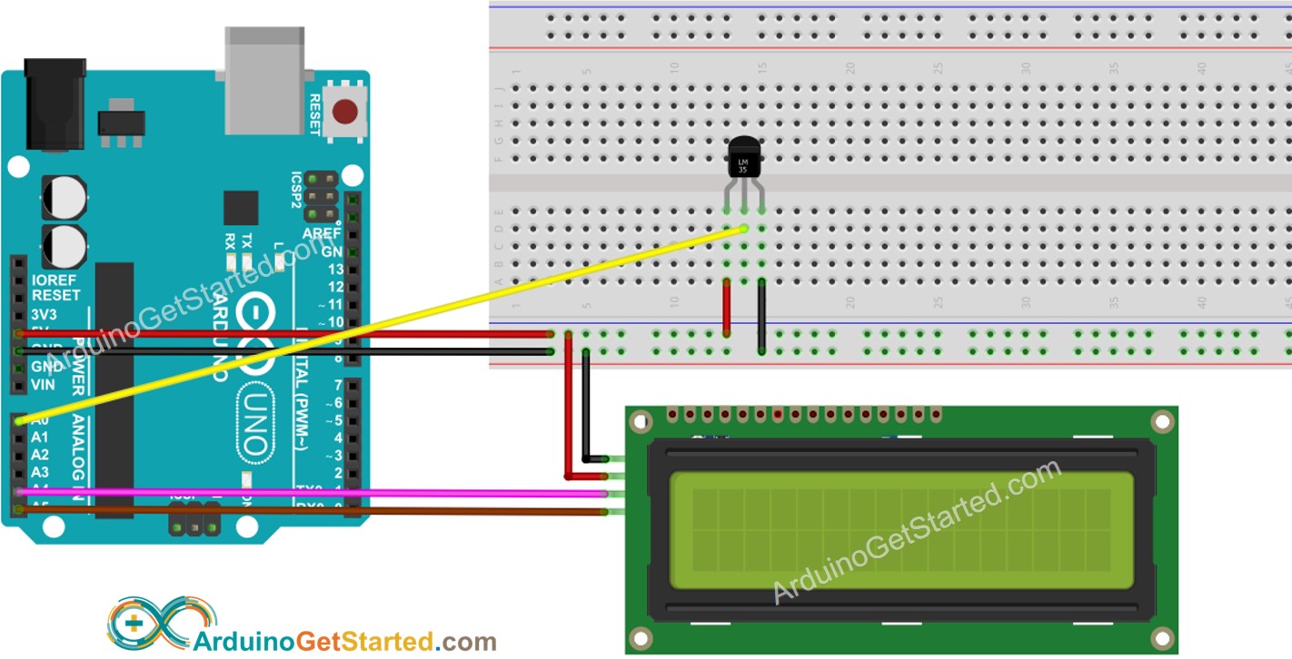 Arduino LM35 Temperatuursensor LCD Bedradingsschema