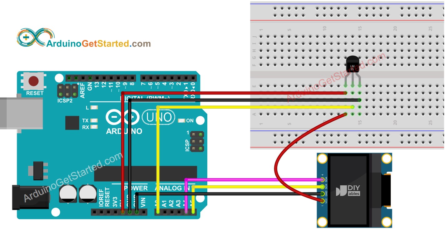 Arduino LM35 Temperatuursensor OLED Aansluitschema