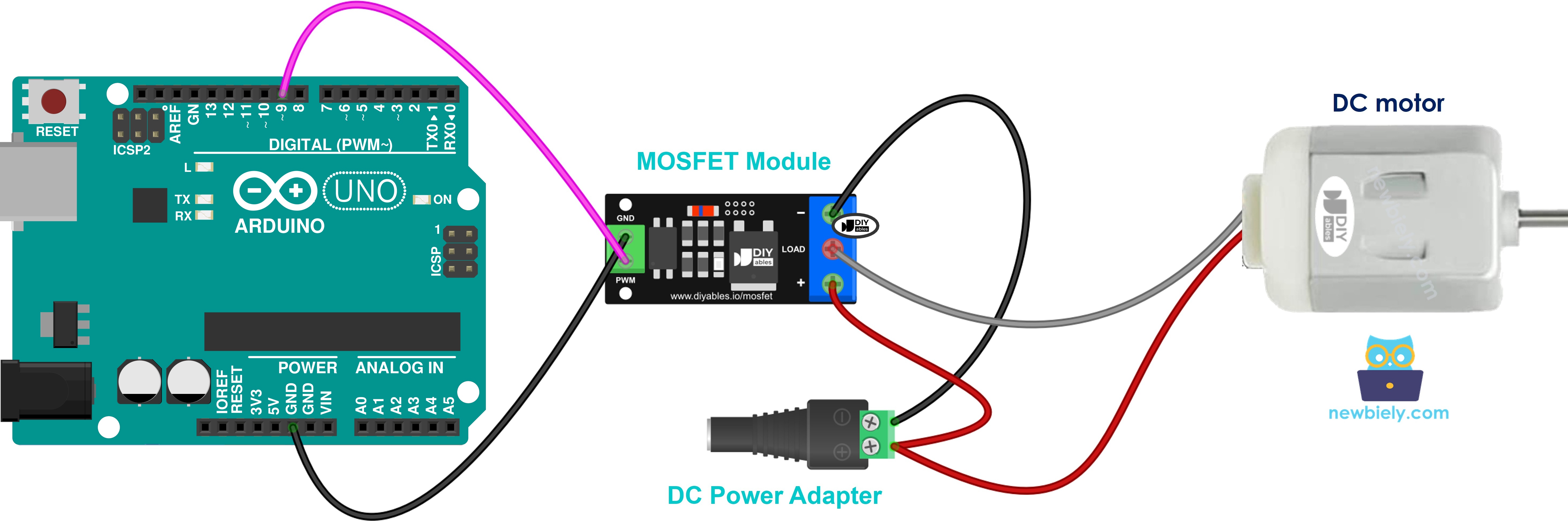 MOSFET-module DC-motor 12V aansluitschema