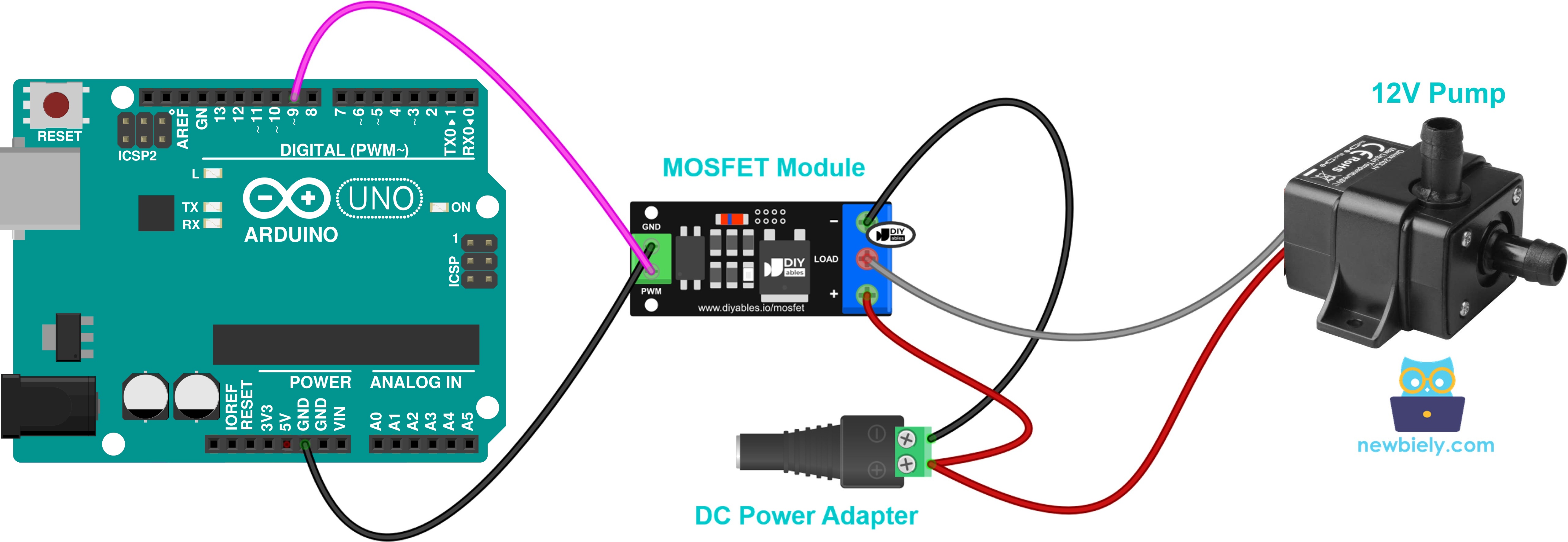 Een 12V waterpomp aansluiten op de MOSFET-module