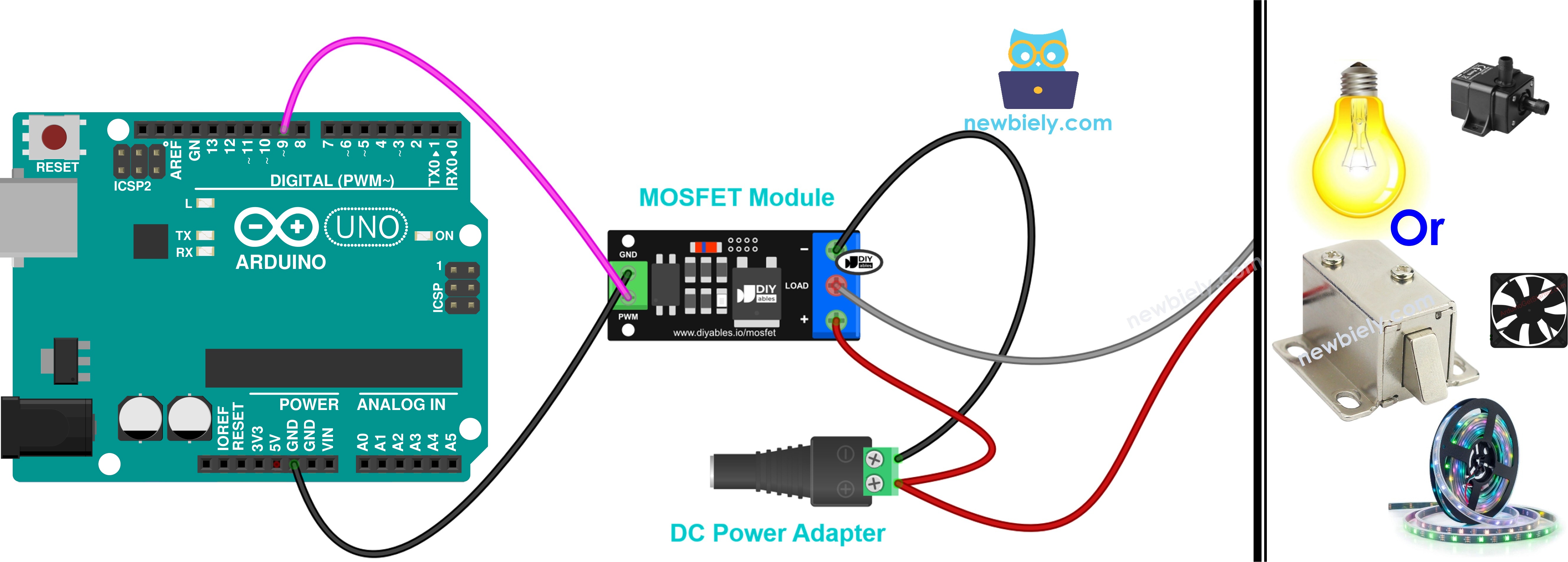 Arduino aansluitschema met AOD4184, LR7843 of FR120N MOSFET-module