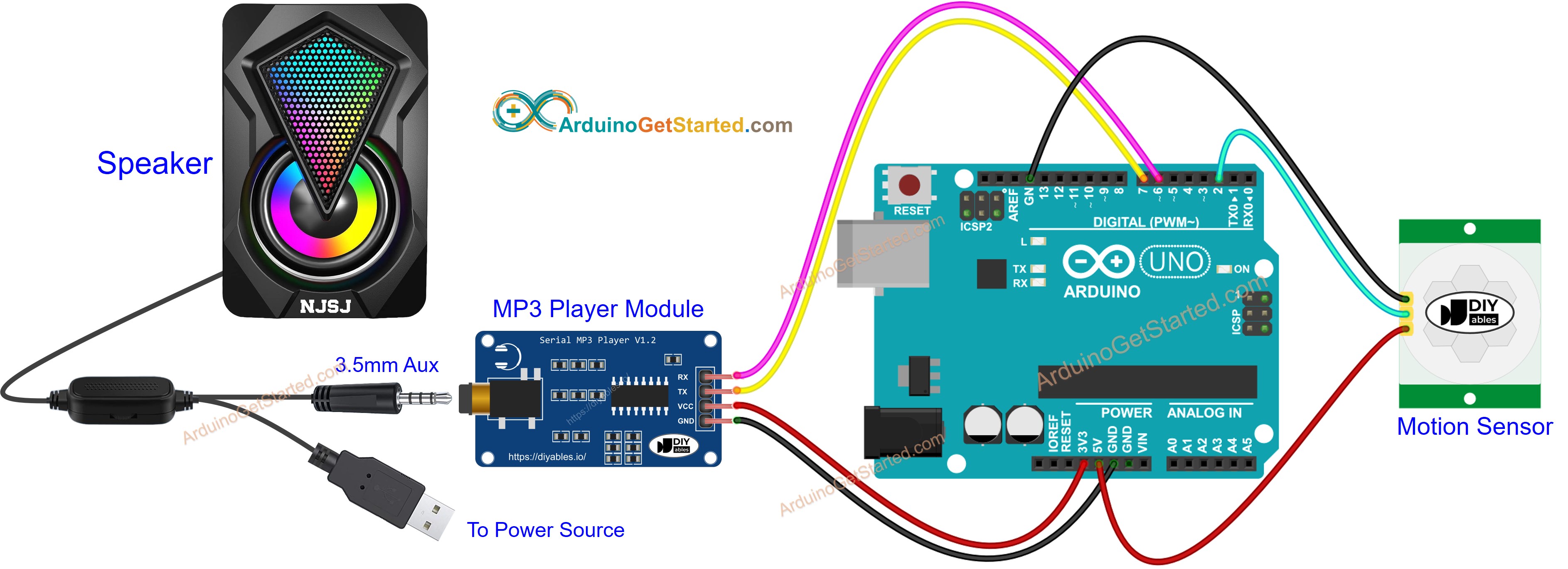 Arduino Bewegingssensor MP3 Speler Aansluitschema