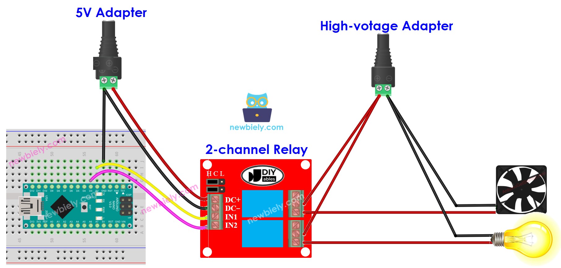 Arduino Nano 2-kanaals relaismodule externe voeding aansluitdiagram