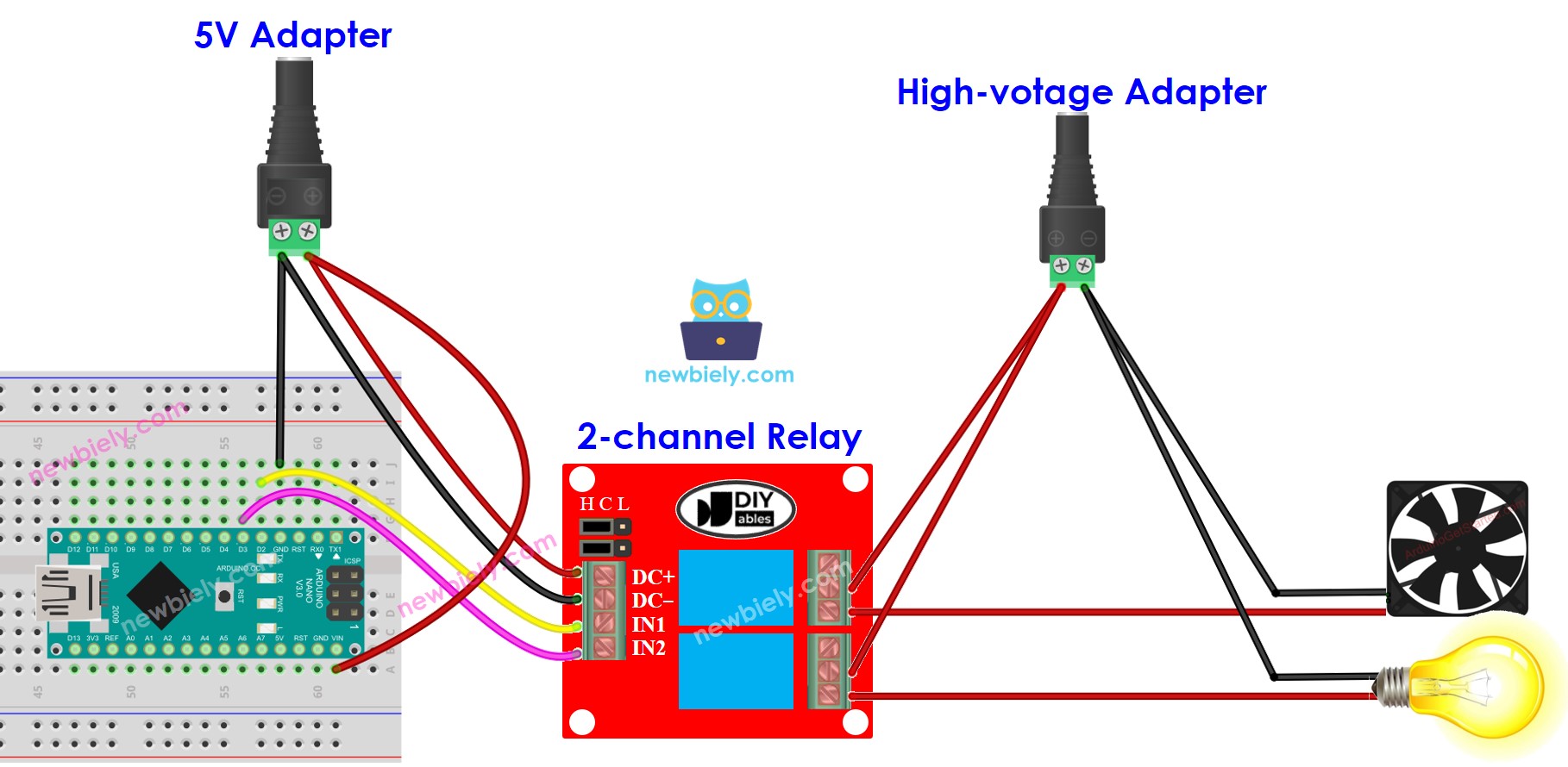 Arduino Nano 2-kanaals relaismodule aansluitdiagram met twee voedingen