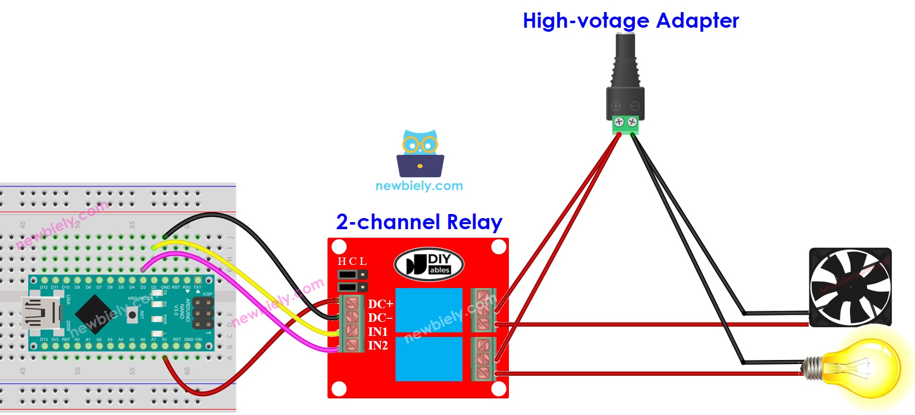 Arduino Nano 2-kanaals relaismodule aansluitdiagram