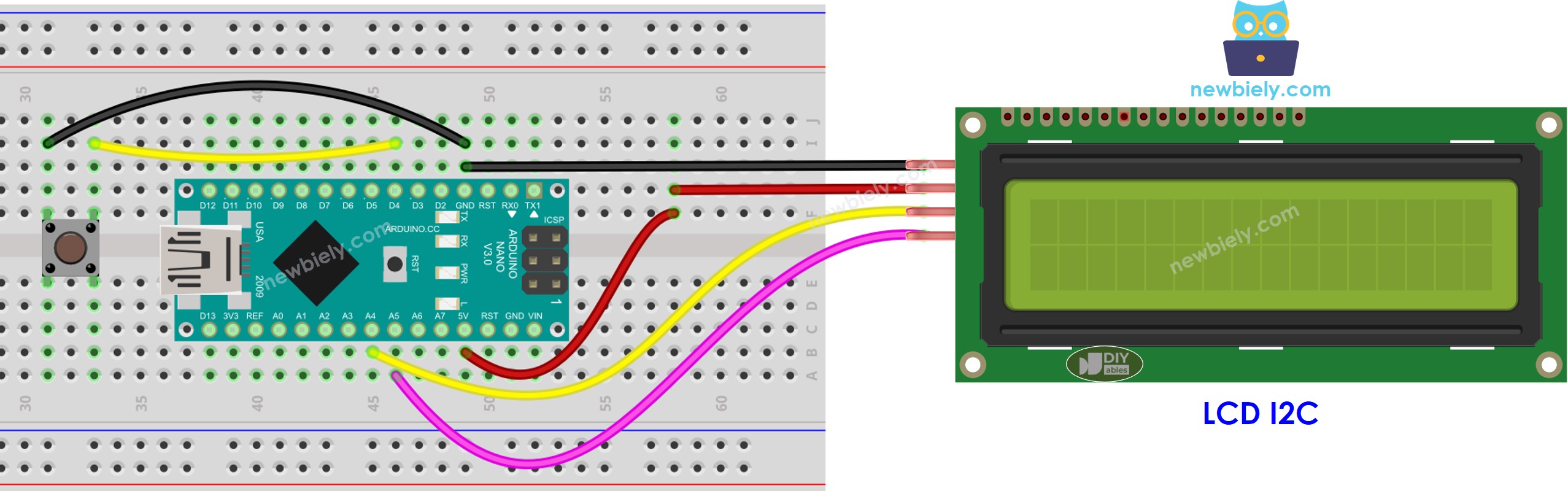 Arduino Nano Button LCD I2C bedrading schema