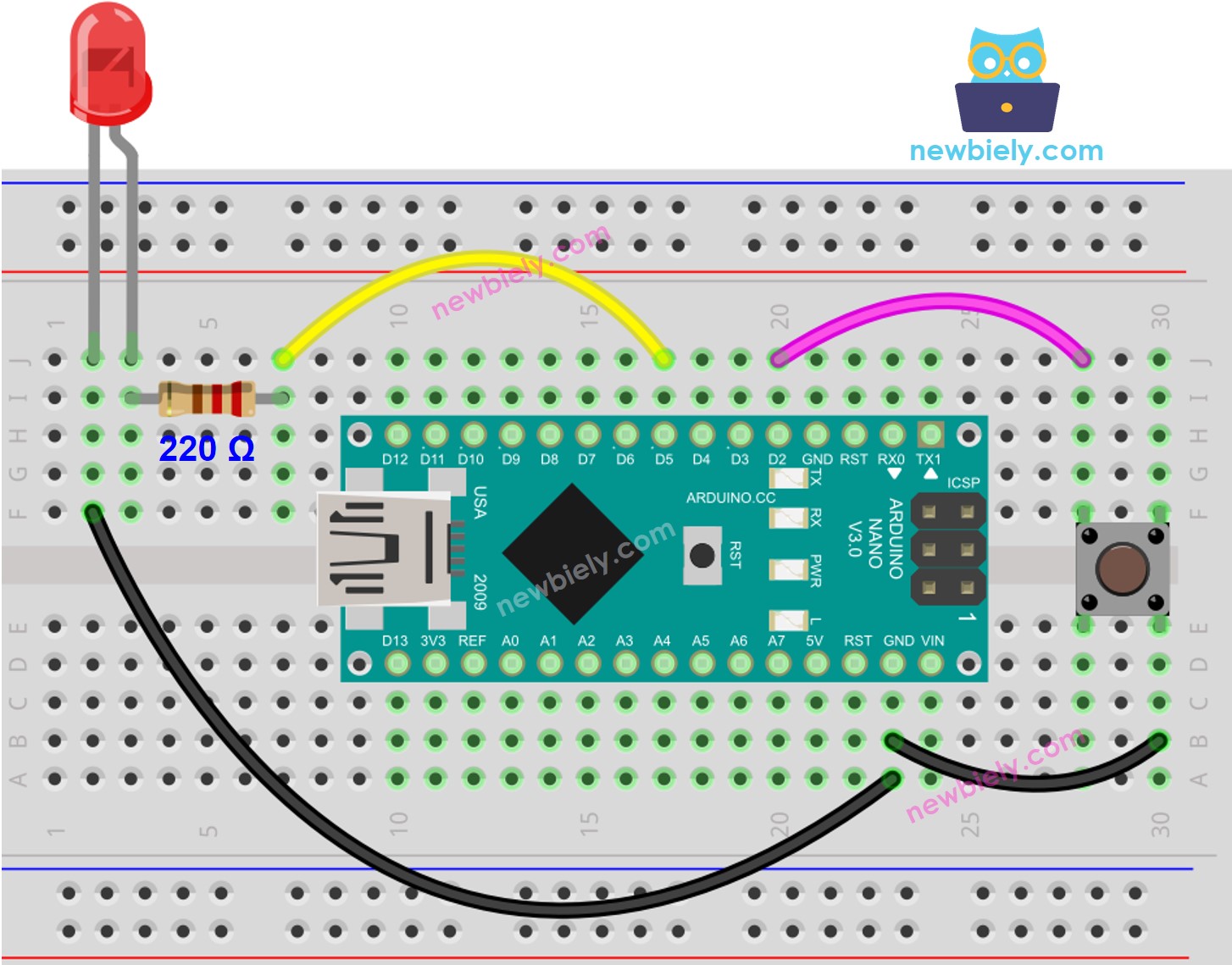 Arduino Nano Knop LED bedrading schema
