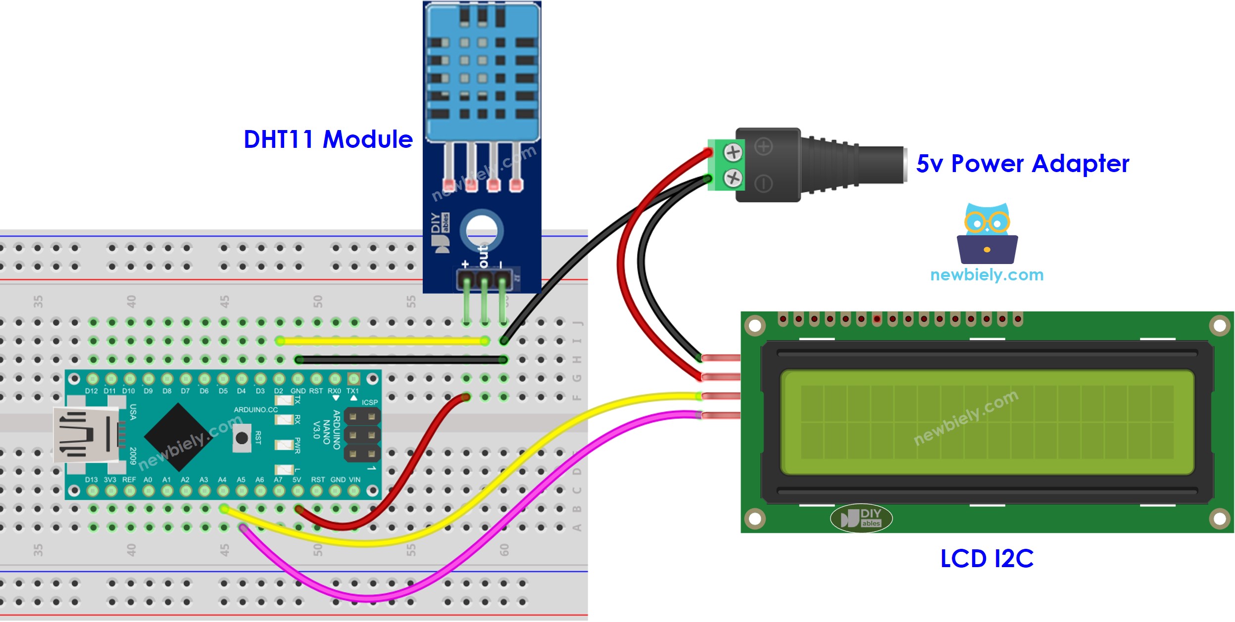 Arduino Nano DHT11 temperatuur en luchtvochtigheid LCD externe voeding bedrading schema