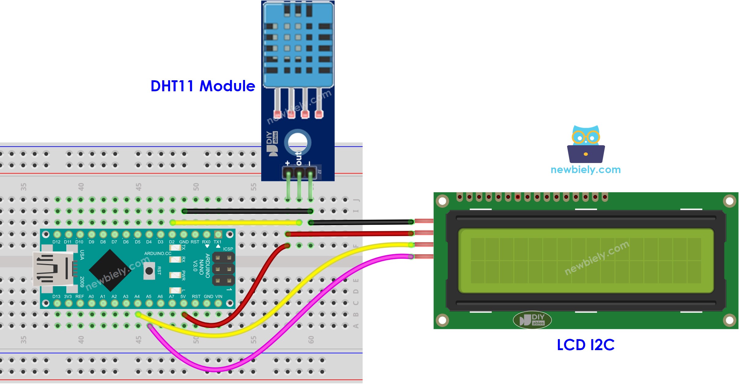 Arduino Nano DHT11 temperatuur en luchtvochtigheid LCD bedrading schema