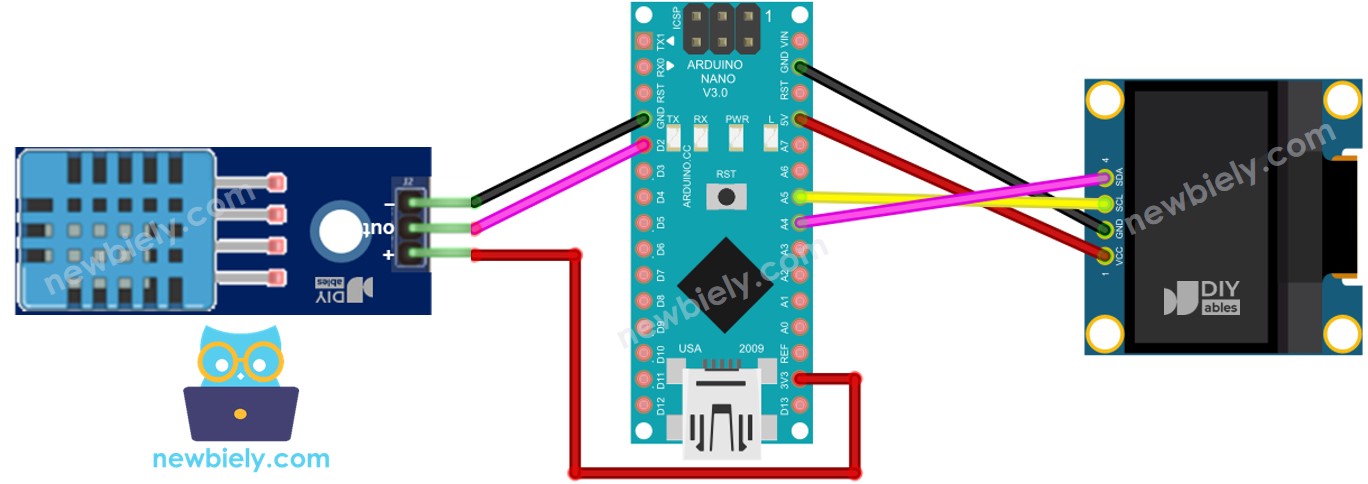 Arduino Nano DHT11 sensor OLED aansluitdiagram