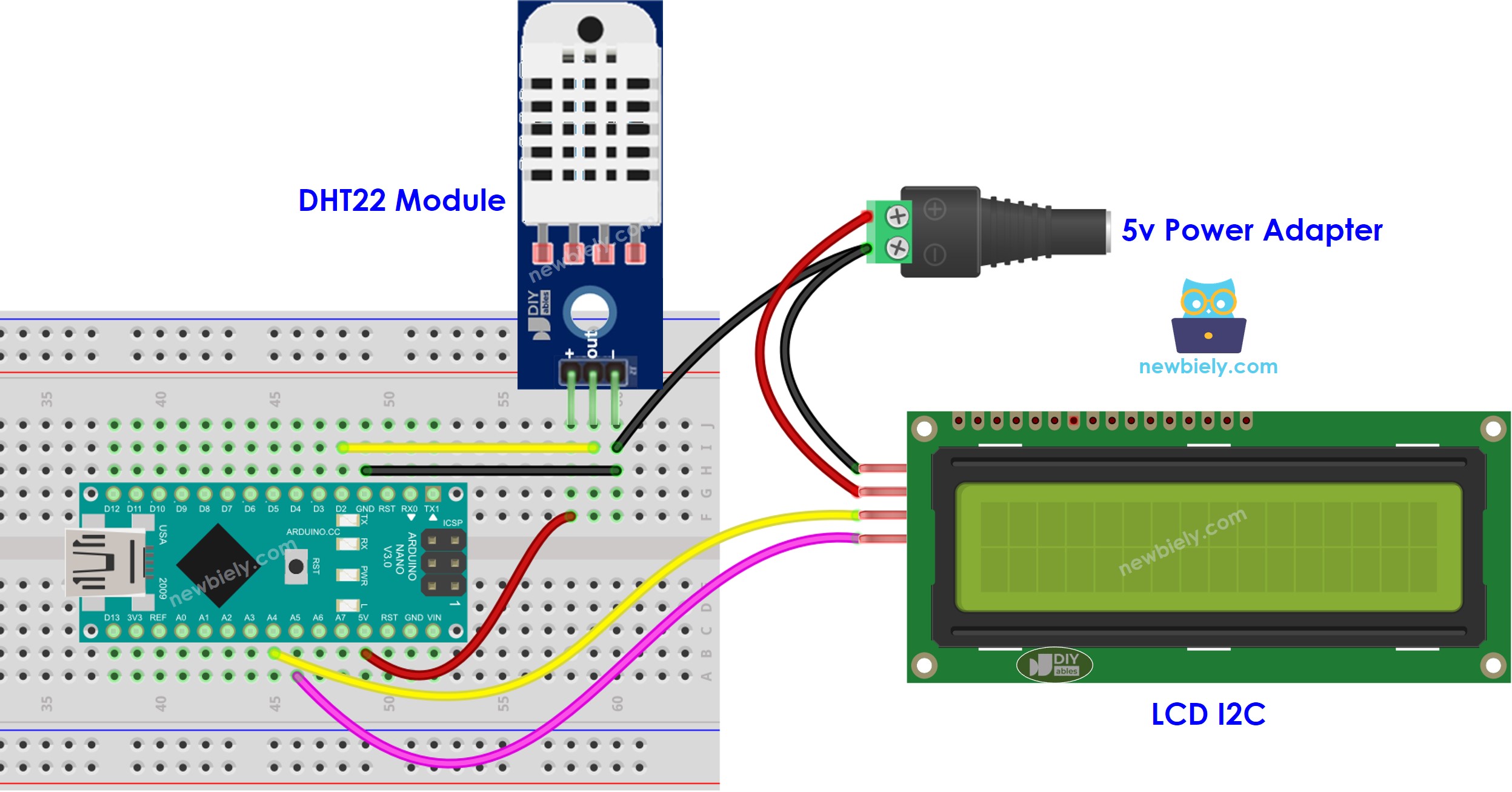 Arduino Nano DHT22 temperatuur vochtigheid LCD externe voeding bedradingsschema