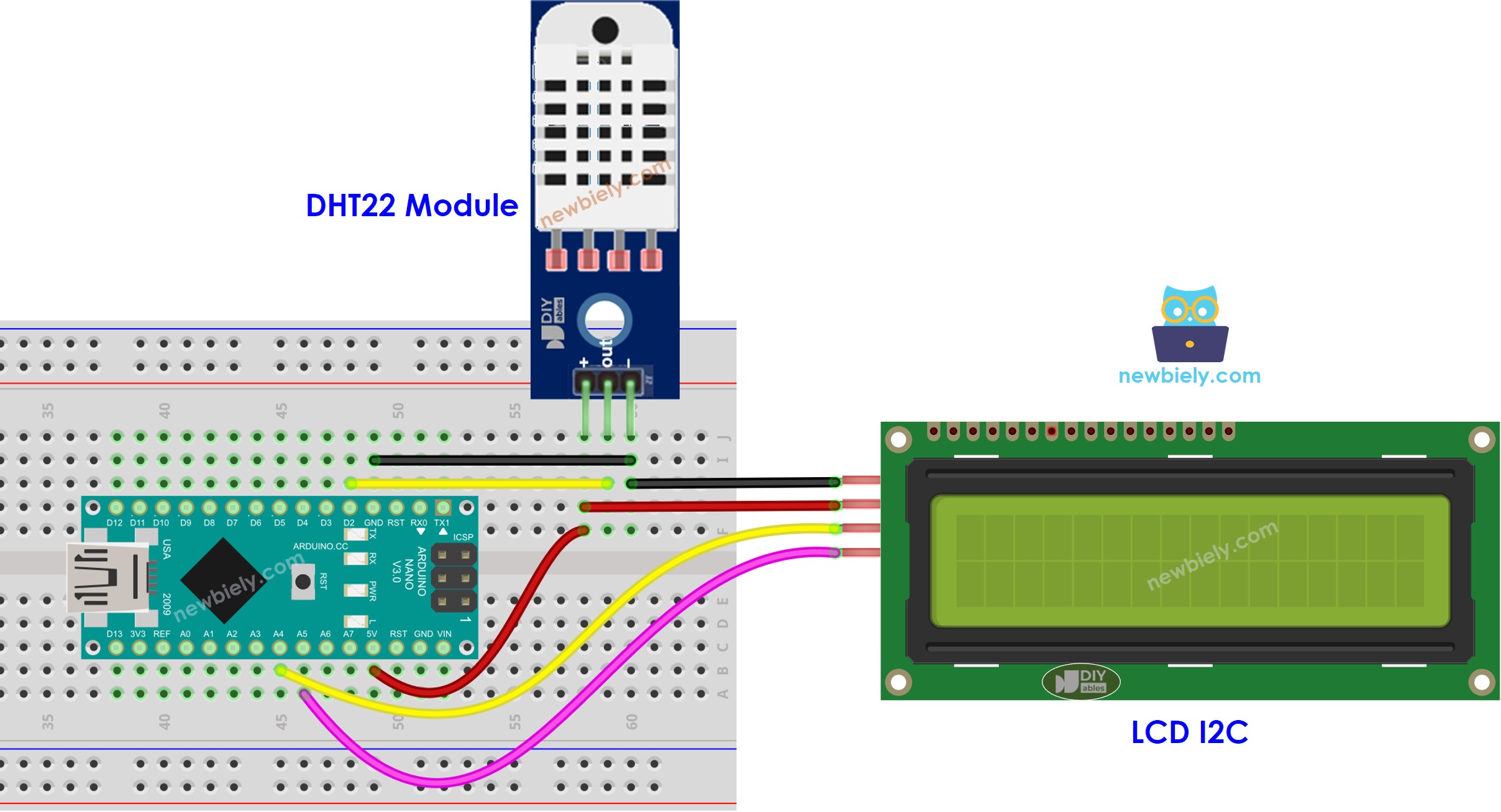Arduino Nano DHT22 temperatuur en vochtigheid LCD bedradingsschema