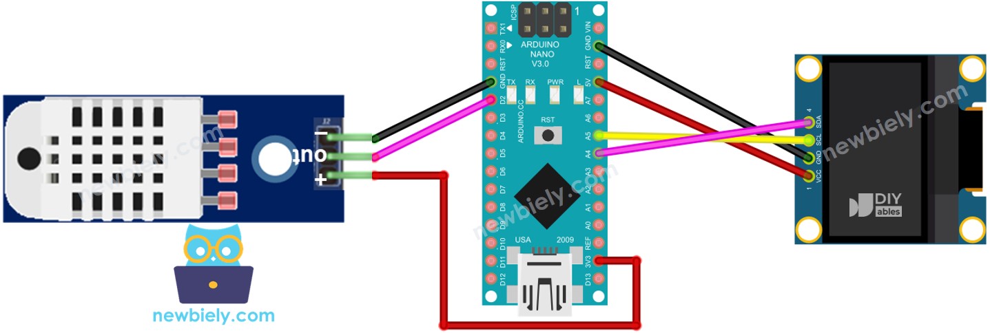 Arduino Nano DHT22 sensor OLED aansluitdiagram