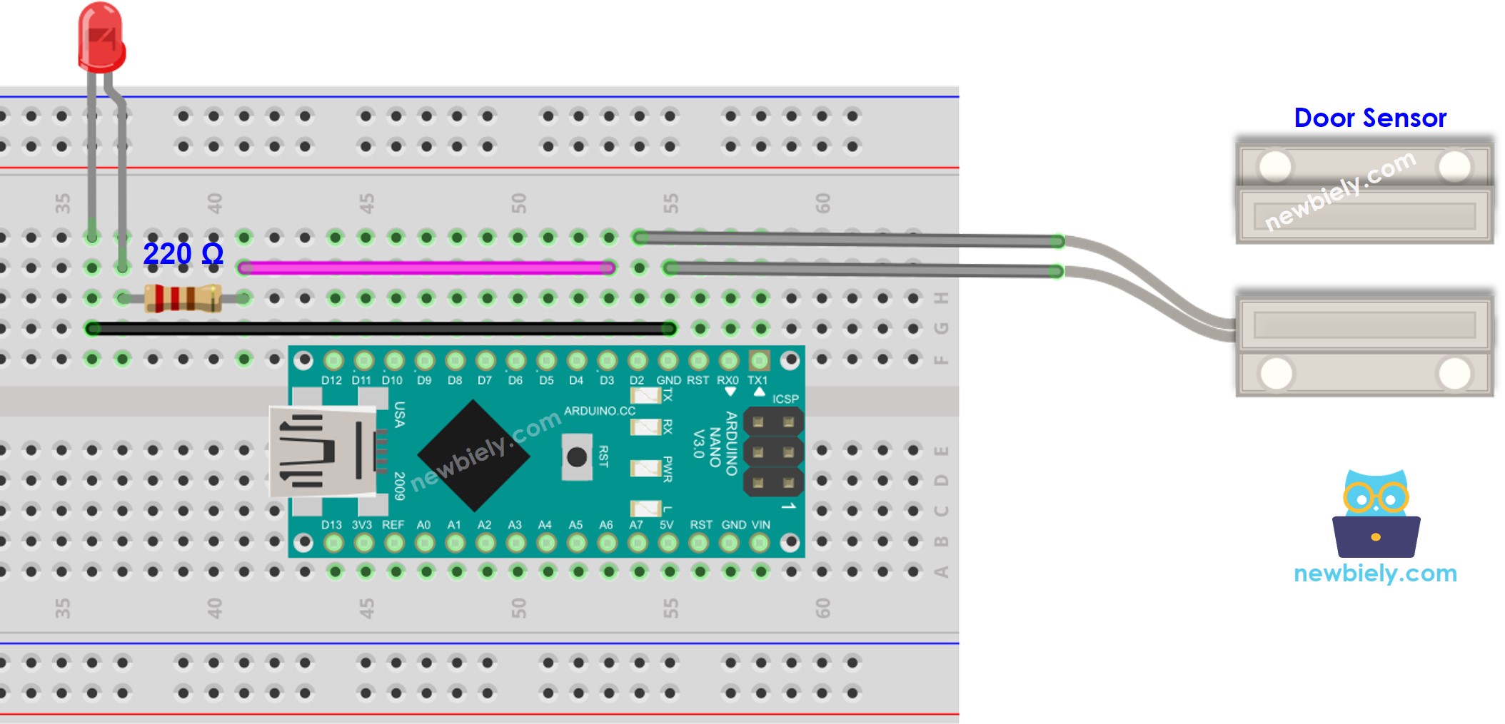 Arduino Nano deursensor LED bedrading schema