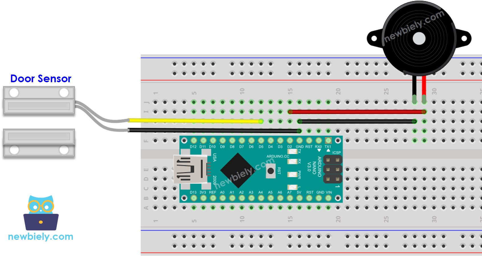 Arduino Nano Deursensor Piezo Buzzer aansluitdiagram