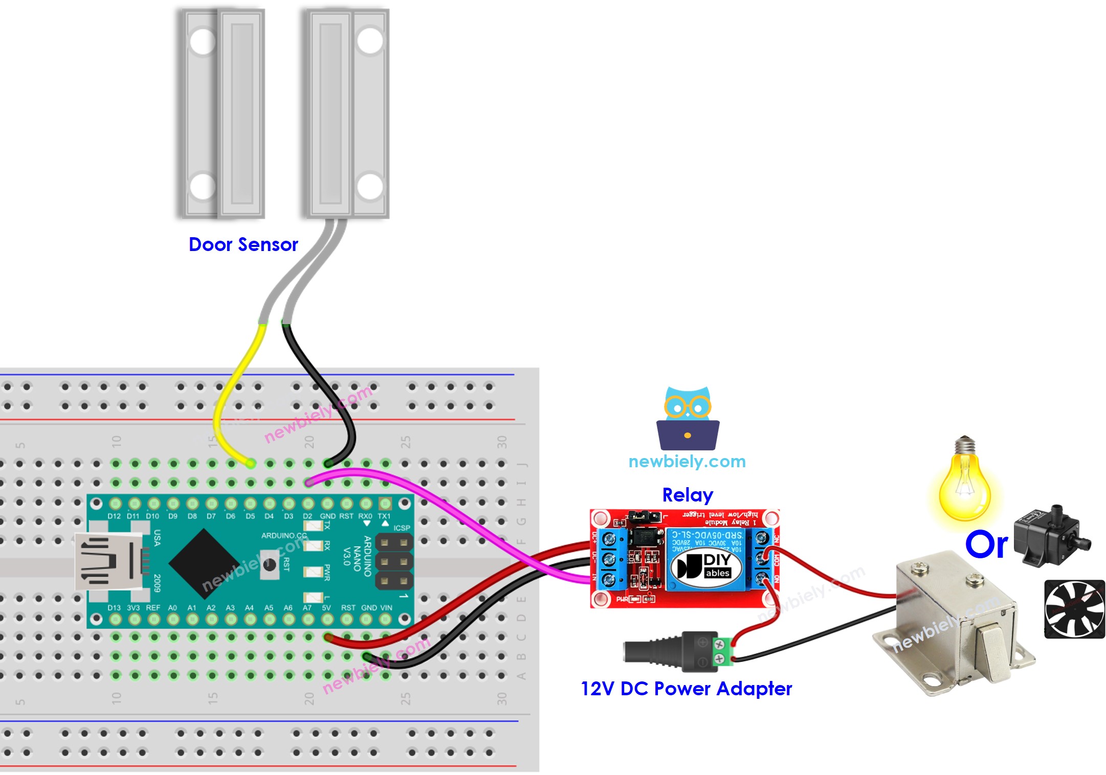 Arduino Nano deursensor relais bedrading schema