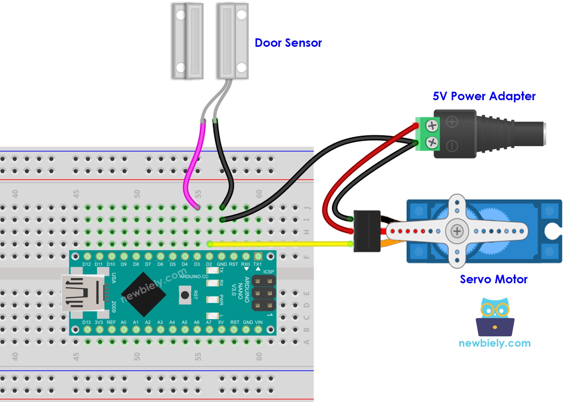 Arduino Nano deursensor servo motor externe voeding aansluitdiagram