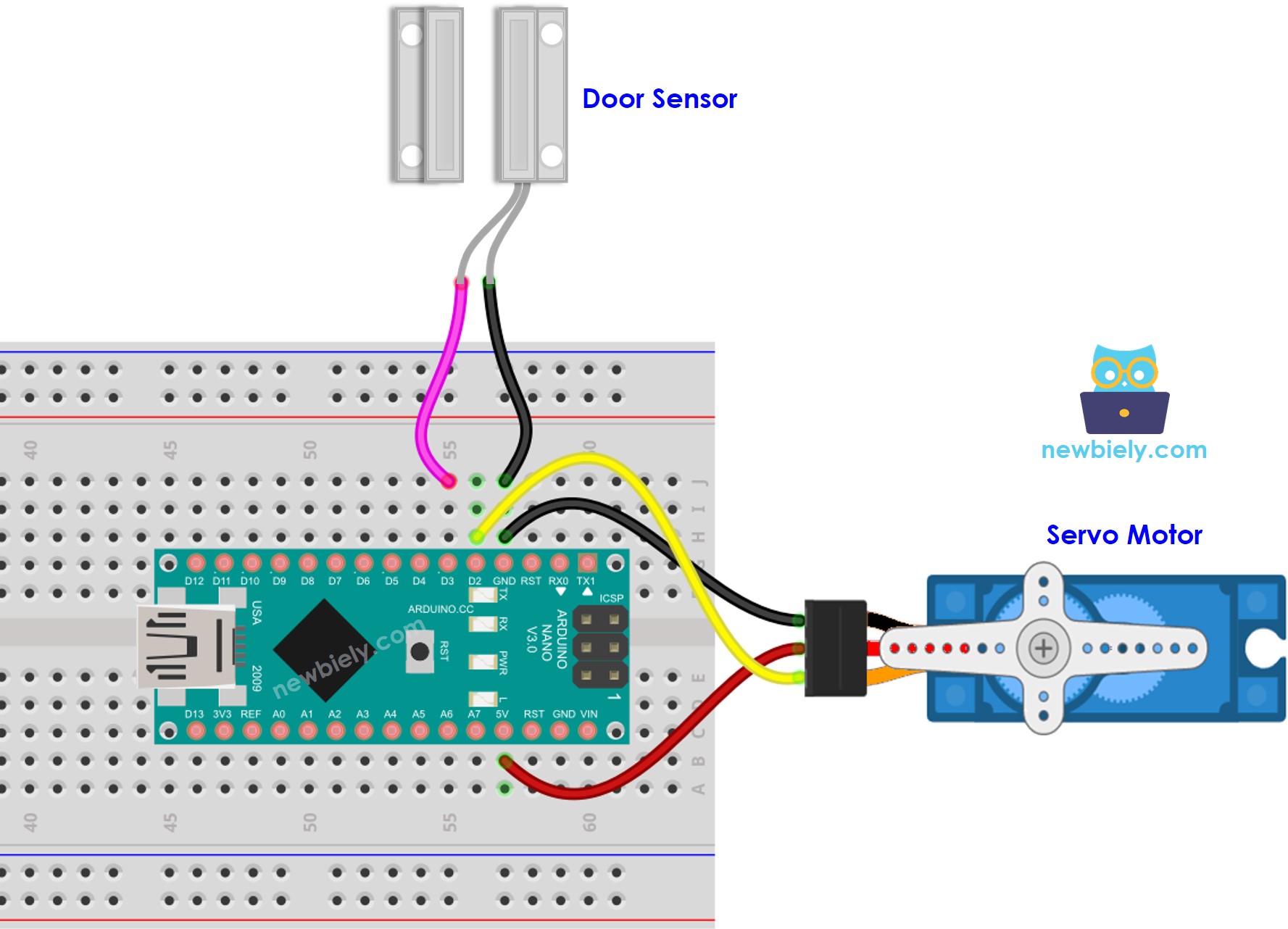 Arduino Nano deursensor servo motor aansluitdiagram