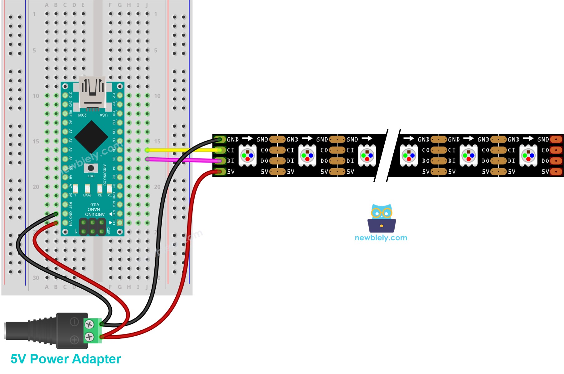 Arduino Nano DotStar RGB LED strip Bedradingsschema