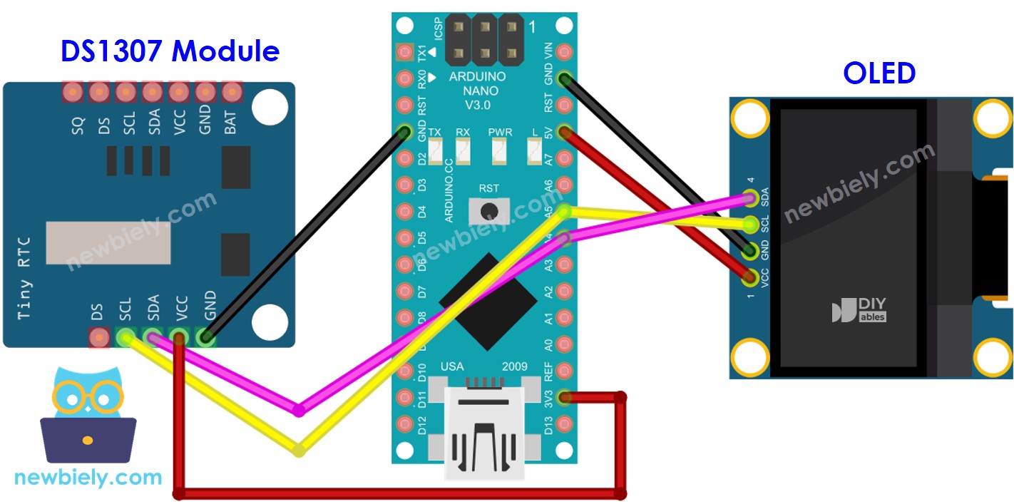 Arduino Nano DS1307 OLED bedrading