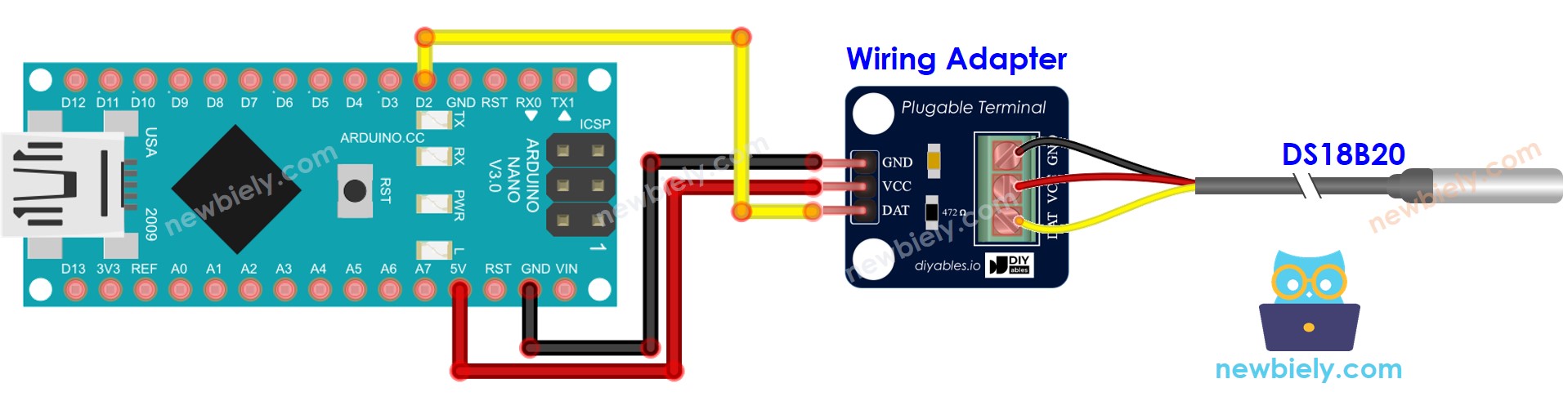 Arduino Nano DS18B20 bedrading adapter schema