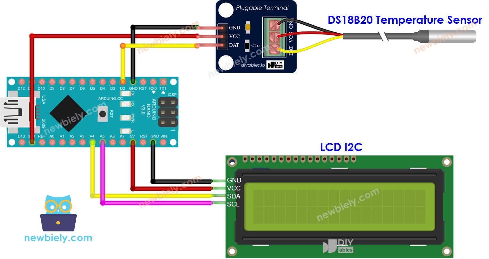 Arduino Nano DS18B20 Temperatuursensor LCD aansluitschema